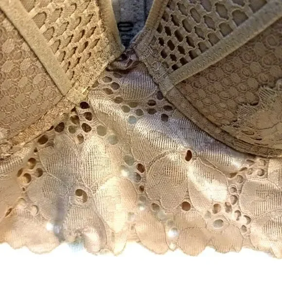 bebe Bustier 38C Lace Fringe Bra CHAMPAGNE DUSK Lace Trim Edge w Sporty Straps - Picture 11 of 13